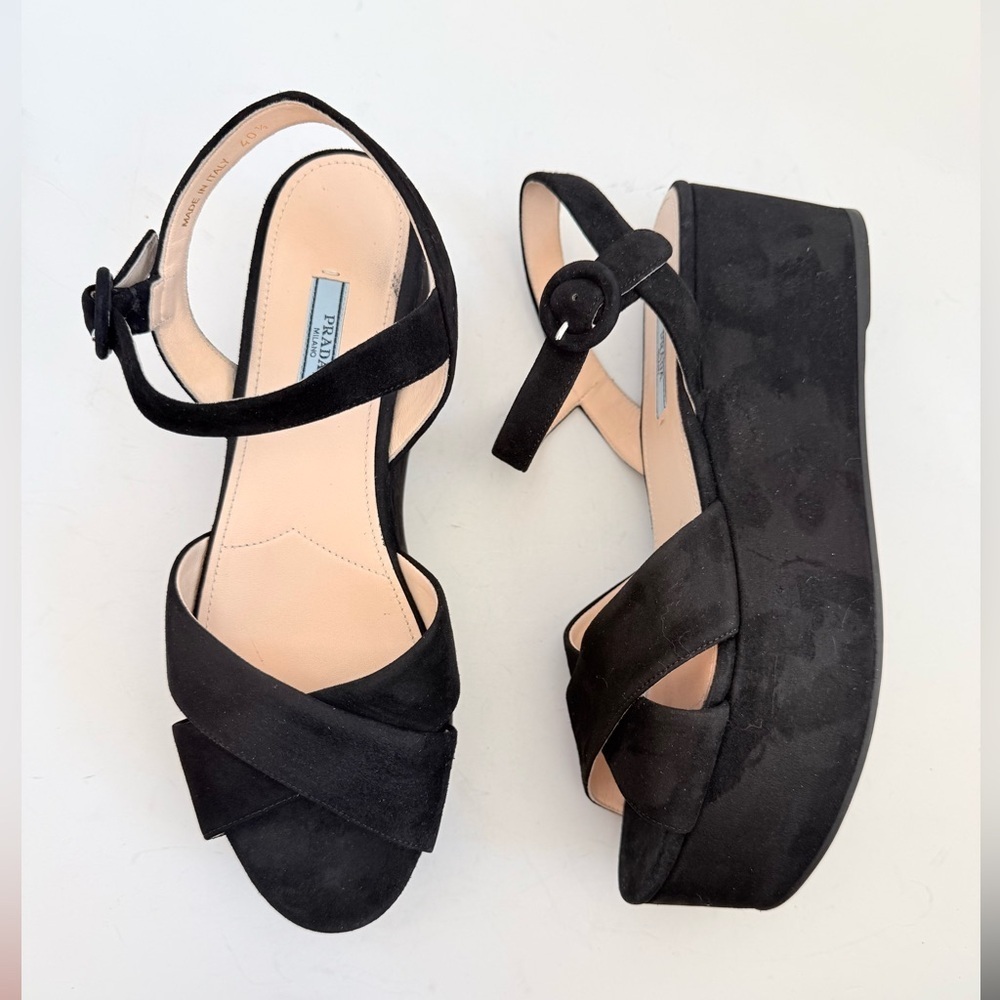 Prada Black Suede leather Wedge peep toe Criss cross sandals EU 40.5